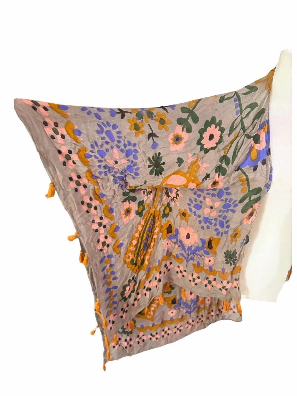 NATURAL LIFE Taupe Floral Open-Front Shawl with Orange Tassels